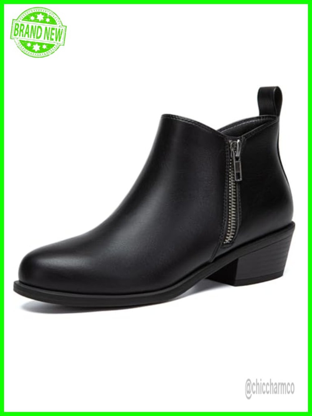 Women's Chunky Low Heel Ankle Boots with Side Zipper PU Leather Almond Toe